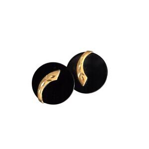 VTG 10K Yellow Gold Leaf Etched Black Resin Modernist Statement Stud Earrings